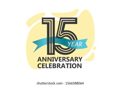 15 years anniversary, minimalist logo. 15 years jubilee, greeting card. Birthday invitation. year sign. Blue Ribbon space vector illustration on white background - Vector