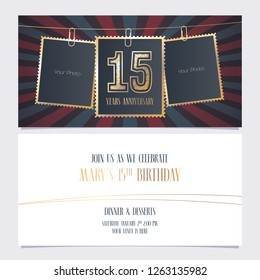 15 years anniversary party invitation vector template. Illustration with photo frames for 15th birthday card, invite 