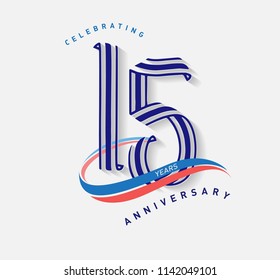 15 years Anniversary ribbon shape numbers with swoosh. Celebrating 15  years anniversary event party template.