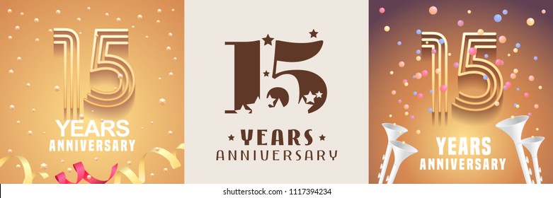 15 years anniversary set of vector icon, symbol. Graphic design element with festive golden background for 15th anniversary 