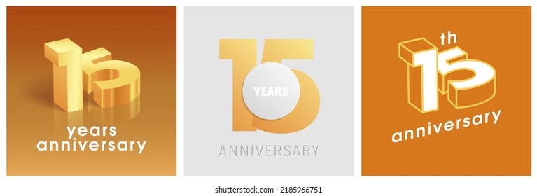 15 years anniversary set of  vector graphic icons, logos. Design elements with golden number on background for 15th anniversary