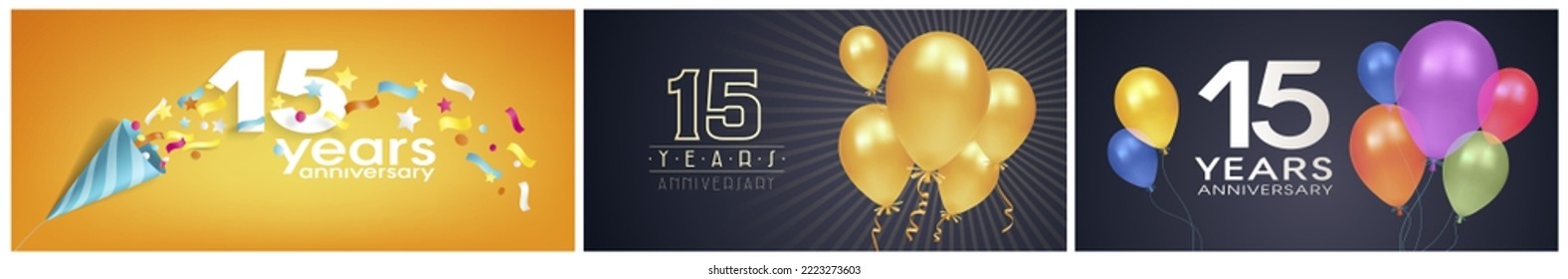 15 years anniversary set of vector icon, logo. Graphic background or cards for 15th anniversary birthday celebration