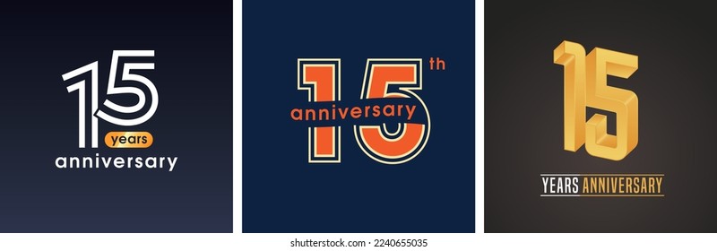 15 years anniversary set of  vector graphic icons, logos. Design elements with golden number on background for 15th anniversary