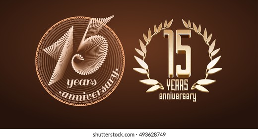 15 years anniversary set of vector logo, icon. 15th birthday, marriage or graduation anniversary, jubilee decoration design elements, emblem, symbol