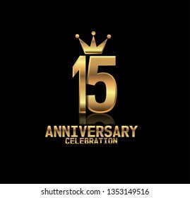 15 years anniversary simple design with golden font and crown with reflection golden number. Elegant, simple, and luxury design. Design with shadow or reflection under number. 