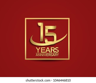 15 years anniversary with square and swoosh golden color isolated on red background for celebration