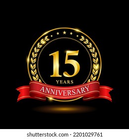 15 Years Anniversary template design, with shiny ring and red ribbon, laurel wreath isolated on black background, logo vector