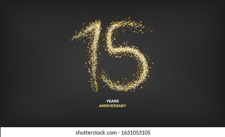 Diseño de Vector de 15 años. Fondo dorado negro con decoración festiva de luz brillante dorada, Web, Tarjeta de regalo o Plantilla de diseño de Anuncio impreso