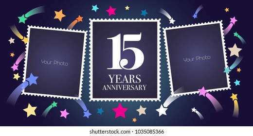 15 years anniversary vector emblem, logo. Template design, greeting card with photo frame collage on festive  background for 15th anniversary 