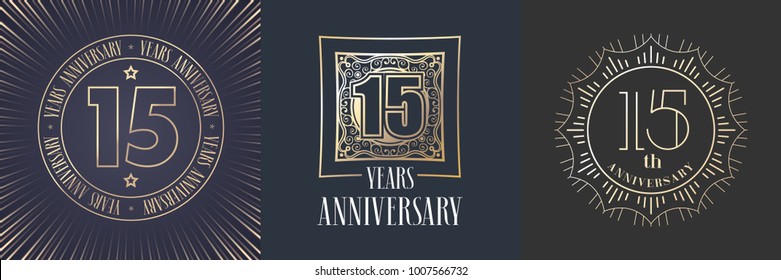 15 years anniversary vector icon,  logo set. Graphic round gold color design elements for 15th anniversary banner 