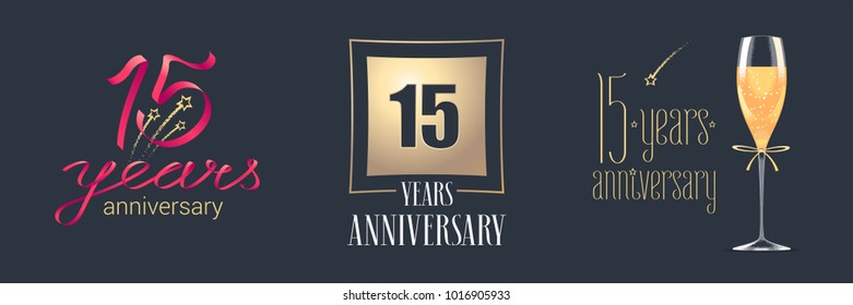 15 years anniversary vector icon,  logo set. Festive design element with  golden numbers and champagne for 15th anniversary celebration 