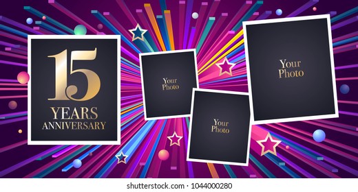 15 years anniversary vector icon, logo. Design element, greeting card with collage of photo frames for 15th anniversary