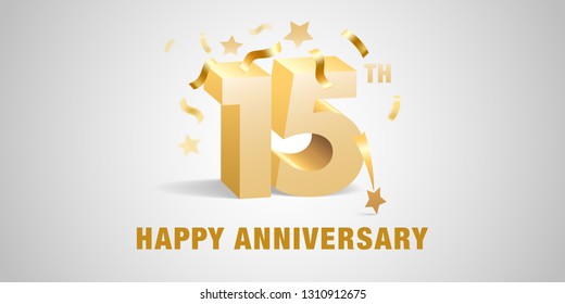 15 years anniversary vector icon,  logo. Graphic design template with  golden 3d numbers and festive elements for 15th anniversary 