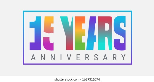 15 years anniversary vector icon, logo. Design element or horizontal banner with composition of multicolour letters and number for 15th birthday card