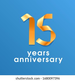 15 years anniversary vector icon, logo. Design element with golden ribbon for 15th anniversary