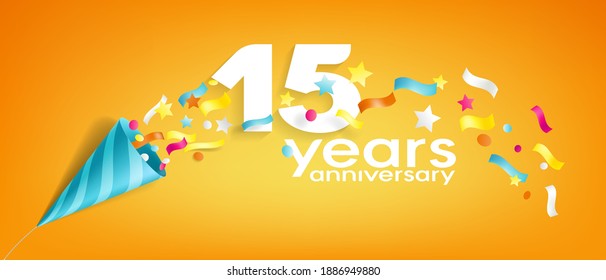 15 years anniversary vector icon, logo, greeting card. Design element with slapstick for 15th anniversary