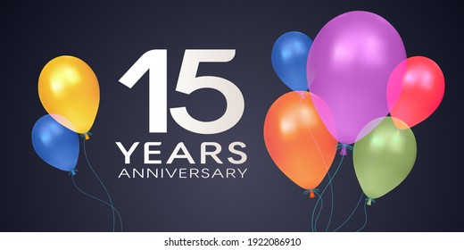 15 years anniversary vector icon, logo, banner. Horizontal design element with air balloons on isolated background for 15th anniversary