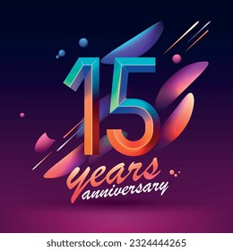 15 years anniversary vector icon, symbol, logo. Graphic background in modern style or card with neon number for 15th anniversary birthday celebration