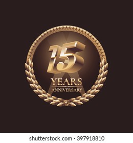 15 years anniversary vector icon, symbol, sign, label, logo. Gold decoration design element for 15th birthday