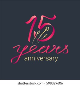 15 years anniversary vector icon, logo. Graphic design element with red lettering and golden stars for decoration for 15th anniversary celebration
