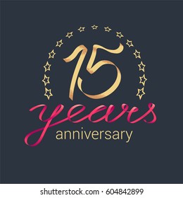 15 years anniversary vector icon,  logo. Graphic design element with golden realistic ribbon curls for decoration for 15th anniversary