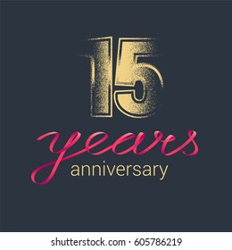 15 years anniversary vector icon,  logo. Graphic design element with golden glitter stamp for decoration for 15th anniversary