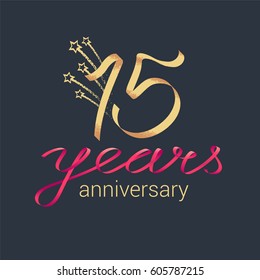 15 years anniversary vector icon, logo. Graphic design element with lettering and red ribbon for decoration for 15th anniversary ceremony
