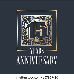 15 years anniversary vector icon,  logo. Graphic design element with  golden frame and number for 15th anniversary decoration