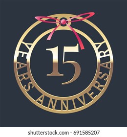 15 years anniversary vector icon,   symbol. Graphic design element or logo with golden medal and red ribbon for 15th anniversary