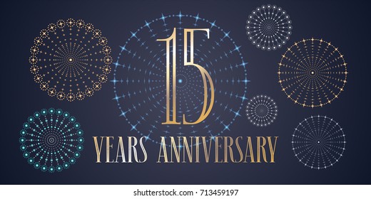 15 years anniversary vector icon, logo. Template design, banner  with fireworks for 15th anniversary greeting card, can be used as decoration element