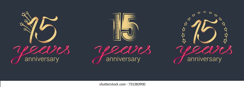 15 years anniversary vector icon,  logo set. Graphic design element with lettering and red ribbon for  celebration of 15th anniversary 