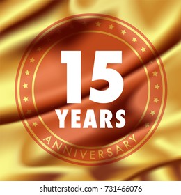 15 years anniversary vector icon, logo. Template design element  with golden medal in silk for 15th anniversary greeting card, can be used as decoration element