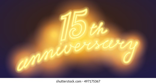 15 years anniversary vector illustration, banner, flyer, logo, icon, symbol, sign. Graphic design element with electric light font for 15th anniversary, birthday card