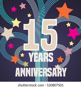 15 years anniversary vector illustration, banner, flyer, icon, symbol, sign, logo. Graphic design element with fireworks for 15th anniversary, birthday card