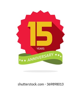 15 Years Anniversary Vector Label Logo, Shadow On Circle, Number 15 (one Five), 15th Years Anniversary Icon. Fifteen Birthday Party Symbol. Fifteenth Promotion Sale Sticker Ribbon, Poster, Emblem