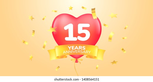 15 years anniversary vector logo, icon. Template banner, symbol with heart shape air hot balloon for 15th anniversary greeting card 