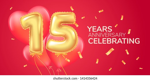 15 years anniversary vector logo, icon. Template banner with heart  air hot balloon for 15th anniversary greeting card 