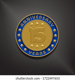 15 years anniversary vector logo, icon. Graphic symbol with golden medall for 15th anniversary greeting card