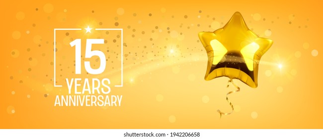 15 years anniversary vector logo, icon. Graphic symbol with golden air balloon for 15th anniversary greeting card