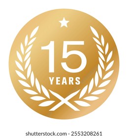 Logotipo del Vector del aniversario de 15 años, icono. Elemento gráfico con medalla de color dorado para la tarjeta de felicitación del 15 aniversario