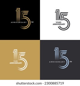 15 years anniversary vector number icon, birthday logo label, black, white and colors stripe number