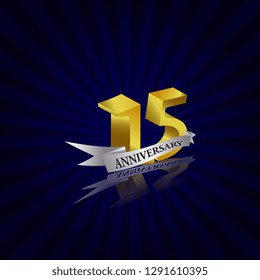 15 years anniversary Vector Template Design with golden color and silver ribbon isolated on blue sunburst background illustration for celebration event - Vector