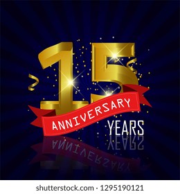 15 years anniversary Vector Template Design with golden color and silver ribbon isolated on blue sunburst background illustration for celebration event - Vector