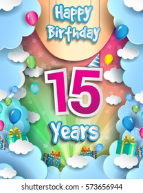 15 Years Birthday Celebration Design for greeting cards and poster, with clouds and gift box, balloons. design template for birthday celebration.