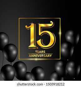15 years birthday celebration logotype. 15th anniversary logo with confetti and golden ring isolated on black background, vector design for greeting card and invitation card.