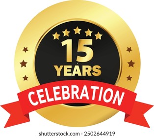 15 Years Celebration seal, 15 Years Golden Logo, 15 Years Anniversary, Fifteen Years Celebration with Red Ribbon, Celebration in Golden Red ribbon