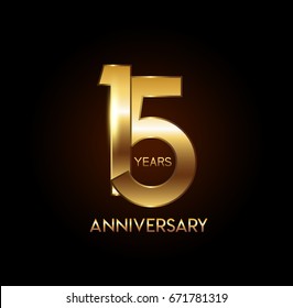 15 years gold anniversary celebration overlapping number logo, isolated on dark background