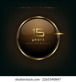 15 years gold button shiny metallic, celebration premium buttons and luxury banner on dark background use as luxury button vector illustration