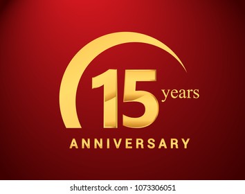 15 years golden anniversary logo with golden ring isolated on red background, can be use for birthday and anniversary celebration.