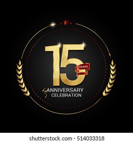 15 years golden anniversary logo with red ribbon, low poly design number, isolated on black background